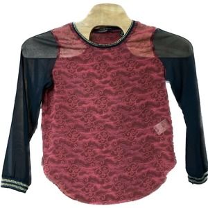 Scotch & Soda Maison‎ Scotch Womens Blouse Sz 2 Maroon Black Sheer Long Sleeve
